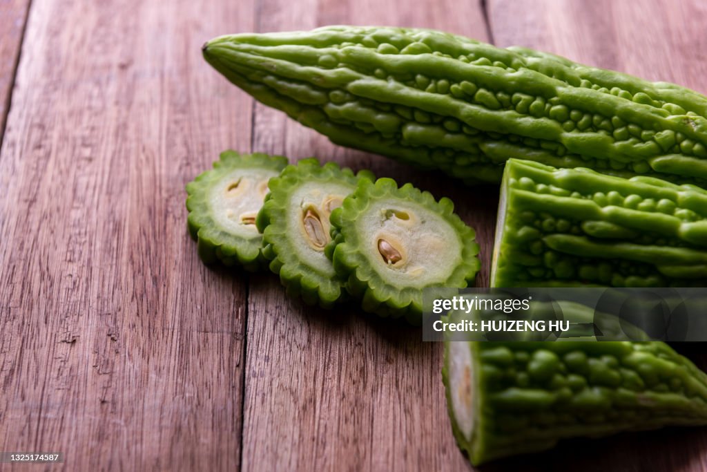Bitter melon on wooden table