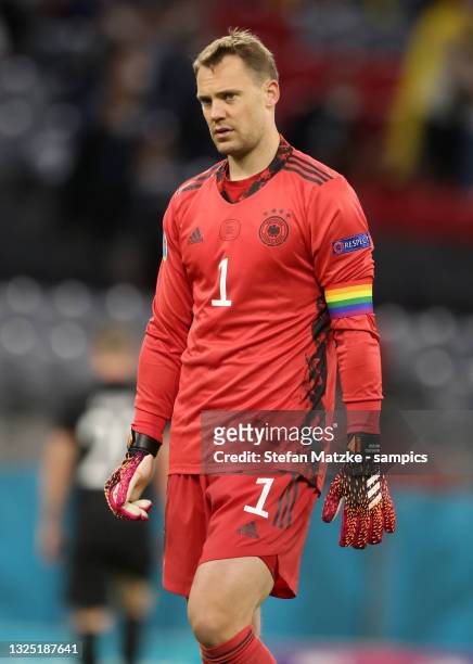 Manuel Neuer of germany with rainbow captains armband reacts during the UEFA Euro 2020 Championship Group F match between Germany and Hungary at...