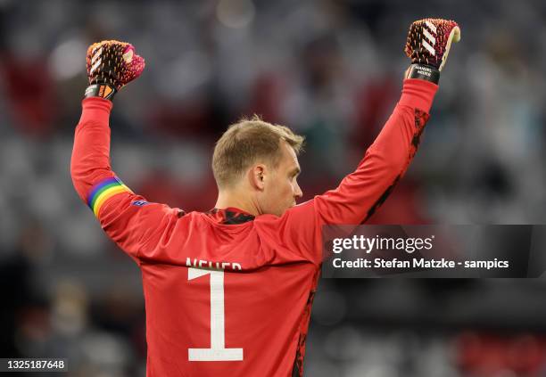 Manuel Neuer of germany with rainbow captains armband reacts during the UEFA Euro 2020 Championship Group F match between Germany and Hungary at...