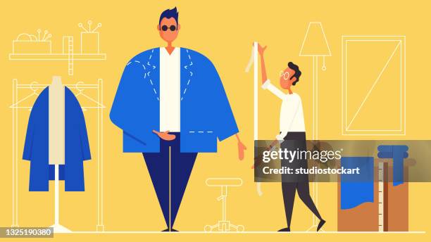 tailor taking waist measures for a handmade suit - tailor made suit stock illustrations