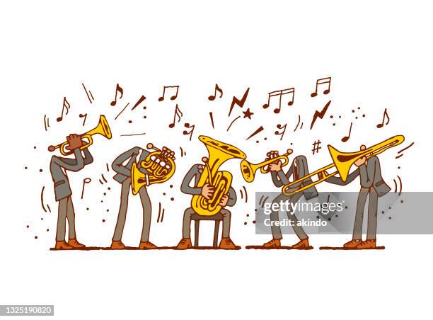 ilustraciones, imágenes clip art, dibujos animados e iconos de stock de quinteto de metales - trompa