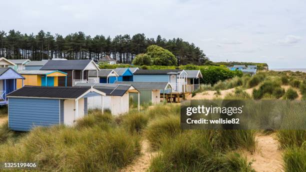 hunstanton beach huts panorama - hunstanton stock pictures, royalty-free photos & images