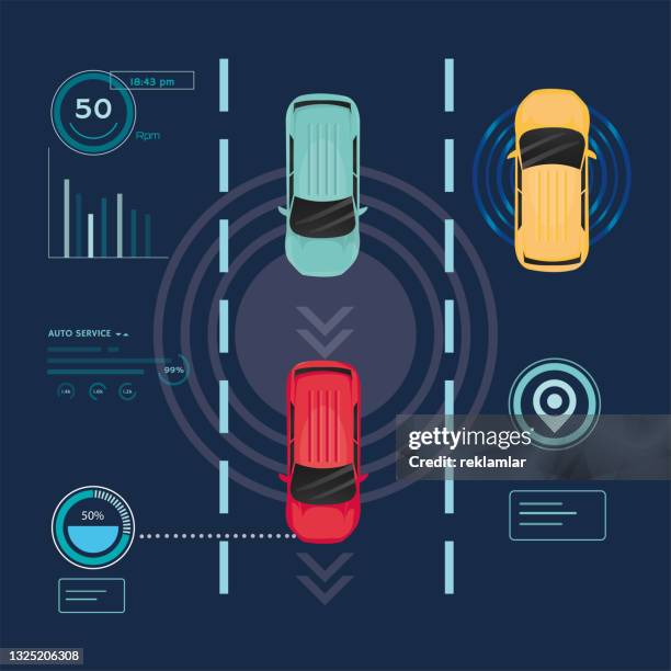 ilustraciones, imágenes clip art, dibujos animados e iconos de stock de vector de coche inteligente autónomo e imagen de ilustración, coche inteligente autónomo va en los escaneos de las carreteras, observar la distancia. escanea el camino, observa lo lejano. futuro concepto de hud. - coche del futuro