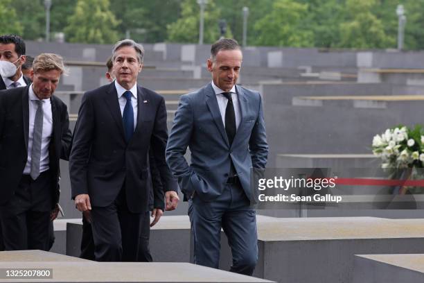 Secretary of State Antony Blinken and German Foreign Minister Heiko Maas depart after visiting the Memorial to the Murdered Jews of Europe, also...