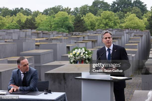 Secretary of State Antony Blinken speaks during a visit to the Memorial to the Murdered Jews of Europe, also called the Holocaust Memorial, as German...