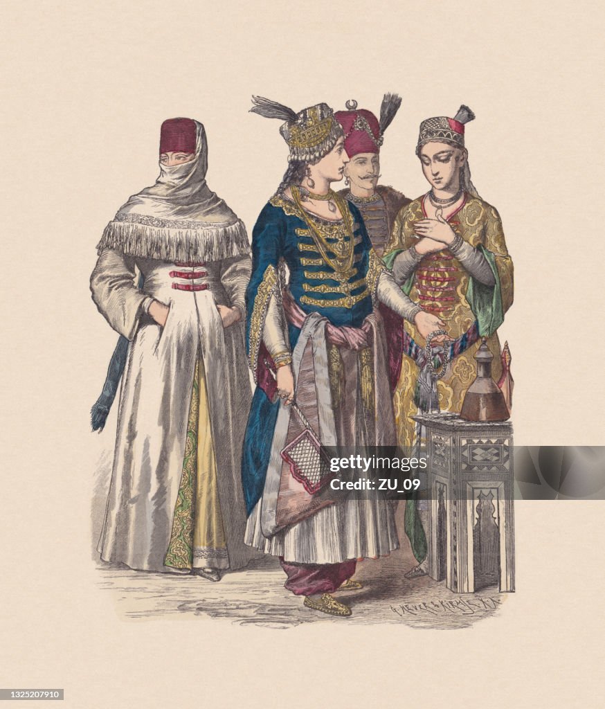 17th/18th century, Turkish costumes, hand-colored wood engraving, published ca. 1880