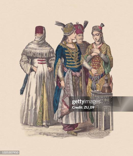 17th/18th century, turkish costumes, hand-colored wood engraving, published ca. 1880 - ottoman sultan stock illustrations