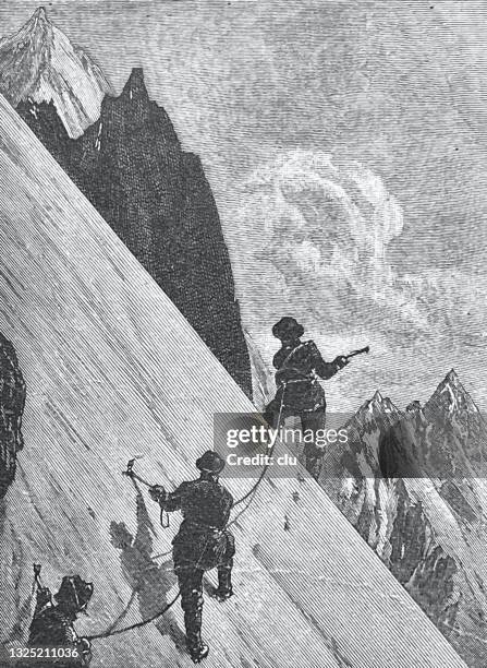 mountain climbing, three men in a steep pile of snow - pimple stock illustrations