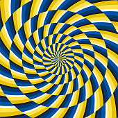 Optical motion illusion vector background. Yellow blue spiral striped pattern move around the center.