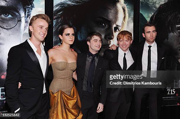 Tom Felton, Emma Watson, Daniel Radcliffe, Rupert Grint and Matthew Lewis attend the premiere of ""Harry Potter and the Deathly Hallows: Part 2"" at...