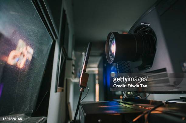 modern movie theater projector room with projector computer digital equipment backstage - cinema projector stock pictures, royalty-free photos & images
