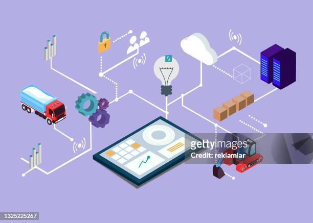 ilustrações de stock, clip art, desenhos animados e ícones de internet of things, factory and smart industry business innovations concept. connections of devices connected to machines and isometric network vector of devices. - iot