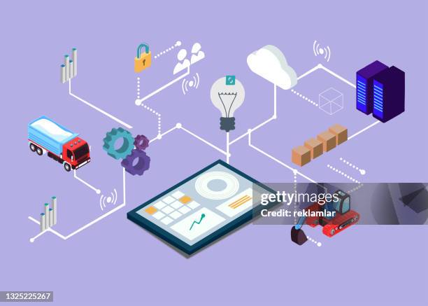 internet of things, factory and smart industry business innovations concept. connections of devices connected to machines and isometric network vector of devices. - cloud computing isometric stock illustrations