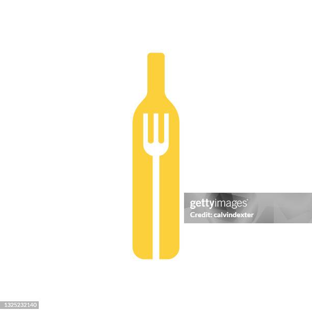 wine bottle and fork - rose wine white background stock illustrations
