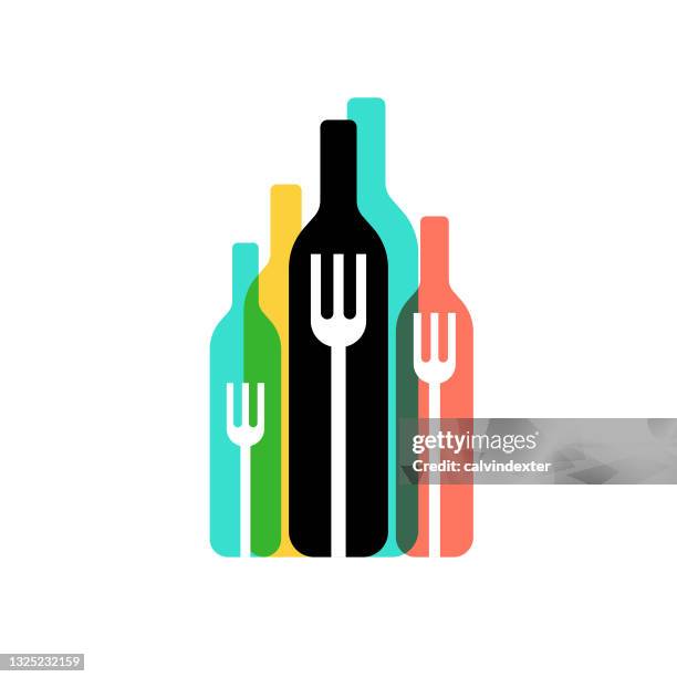 stockillustraties, clipart, cartoons en iconen met wine bottle and fork - wijn proeven