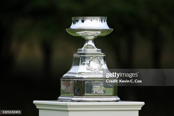 The trophy is seen on the first hole during the first round of the KPMG Women's PGA Championship at Atlanta Athletic Club on June 24, 2021 in Johns...