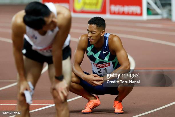 Asuka Cambridge reacts after competing in the Men's 100m semifinal during the 105th Japan Athletics Championships at Yanmar Stadium Nagai on June 24,...