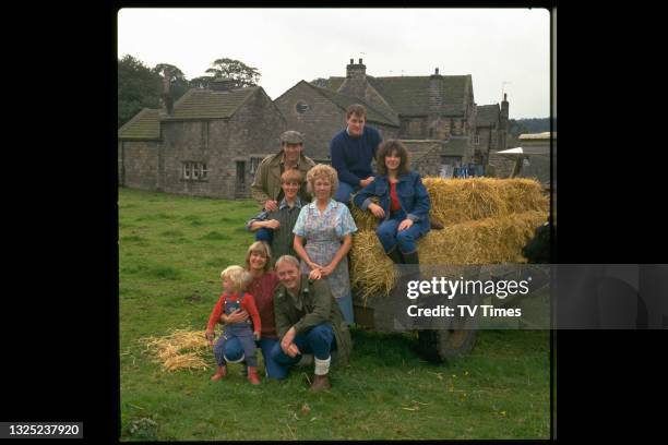 Emmerdale Farm actors Clive Hornby, Helen Weir, Ian Sharrock, Jane Hutcheson, Sheila Mercier, Frederick Pyne and Jean Rogers, circa 1985.