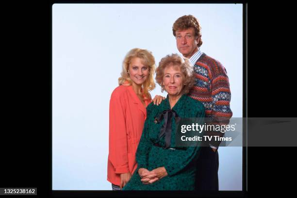 Emmerdale Farm co-stars Malandra Burrows, Sheila Mercier and Norman Bowler who play Kathy Tate, Annie Sugden and Frank Tate, circa 1992.