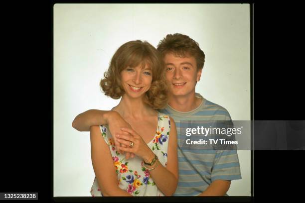 Actors Helen Worth and Sean Wilson in character as Gail Rodwell and Martin Platt in television soap Coronation Street, circa 1989.