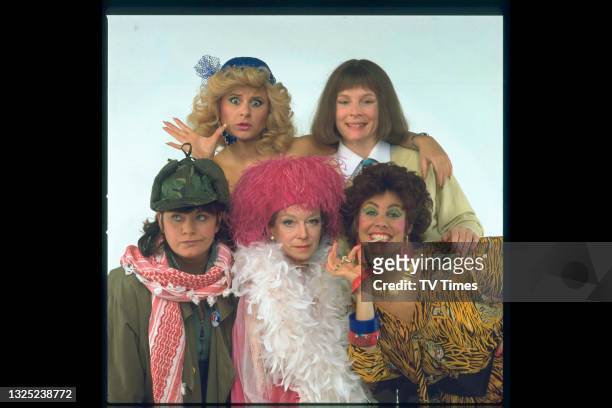 Tracey Ullman, Jennifer Saunders, Ruby Wax, Joan Greenwood and Dawn French in character for sitcom Girls On Top, circa 1985.