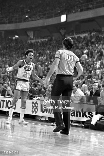 Denver Nuggets guard Mack Calvin argues with referee Jake O’Donnell during a game against the Boston Celtics at McNichols Arena on February 27, 1977...