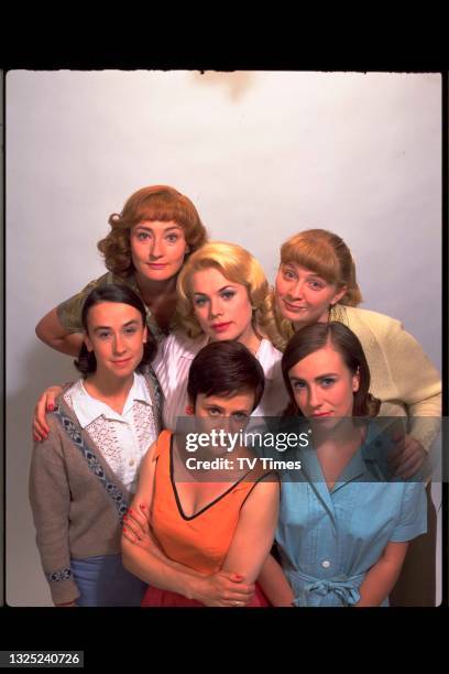 Kate Lonergan, Letitia Dean, Samantha Hardcastle, Samantha Seager, Helen Sheals and Amy Marston in character for comedy drama series The Hello Girls,...