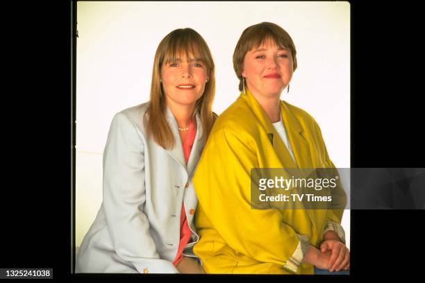 Actresses Linda Robson and Pauline Quirke in character as Tracey Stubbs and Sharon Theodopolopodous in sitcom Birds Of A Feather, circa 1992.