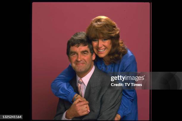 Actors Derek Nimmo and Nerys Hughes in character as George Hutchenson and Beth Jenkins in sitcom Third Time Lucky, circa 1982.