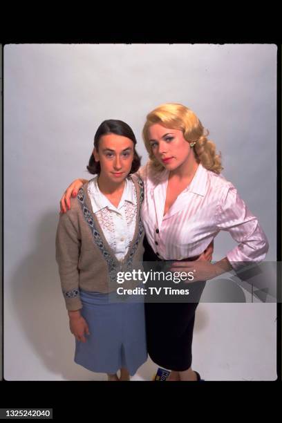 Actresses Letitia Dean and Amy Marston in character as Chris Cross and Sylvia Sands in comedy drama series The Hello Girls, circa 1996.