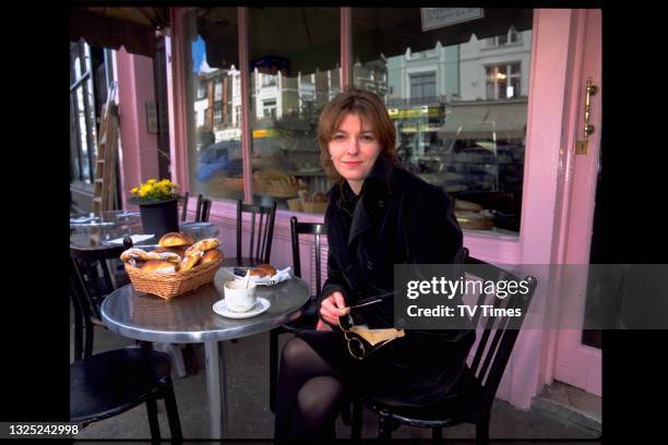 Actress Jemma Redgrave sitting outside a cafe in London, circa 1996.