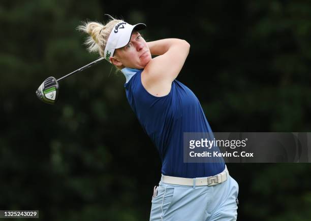 Nicole Broch Larsen of Denmark plays her shot from the second tee during the first round of the KPMG Women's PGA Championship at Atlanta Athletic...