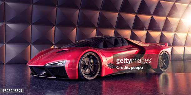 generic red sports car parked in architectural building or showroom - cladding stockfoto's en -beelden