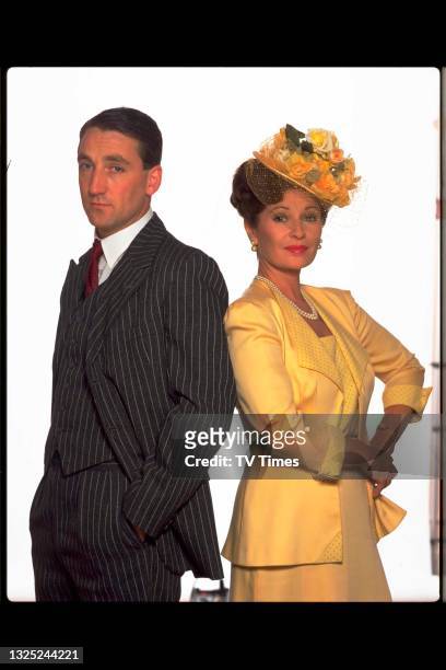 Actors Dorian Healy and Stephanie Beacham in character as Tom Slater and Dorothea Grant in period drama No Bananas, circa 1996.
