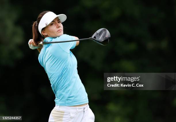 Klára Spilková of Czech Republic plays her shot from the second tee during the first round of the KPMG Women's PGA Championship at Atlanta Athletic...