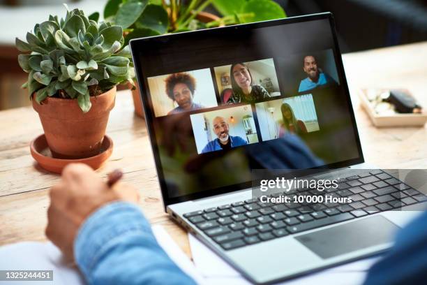 video conference call on laptop screen - take part stock pictures, royalty-free photos & images