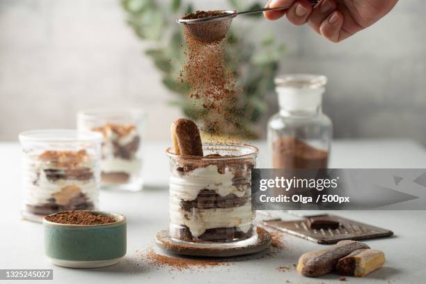 classic italian dessert-tiramisu in glasses with savoyardi cookies - tiramisu stock-fotos und bilder