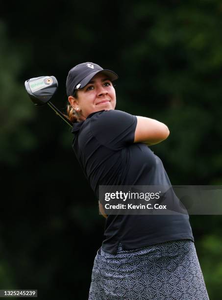 Kristen Gillman plays her shot from the second tee during the first round of the KPMG Women's PGA Championship at Atlanta Athletic Club on June 24,...