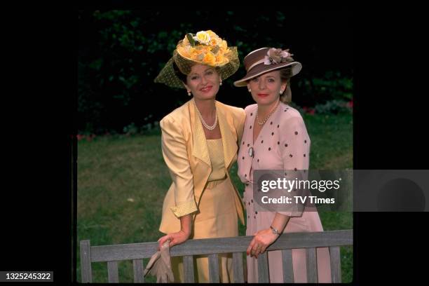 Actresses Stephanie Beacham and Alison Steadman in character as Dorothea Grant and Evelyn Hamilton in period drama No Bananas, circa 1996.