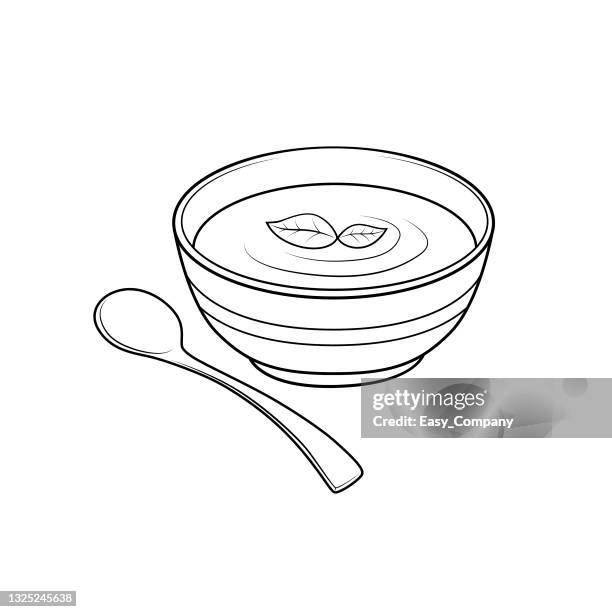 ilustrações de stock, clip art, desenhos animados e ícones de black and white soup pictures for coloring cartoons for children. this is a vector illustration for preschool and home training for parents and teachers. - soup on spoon