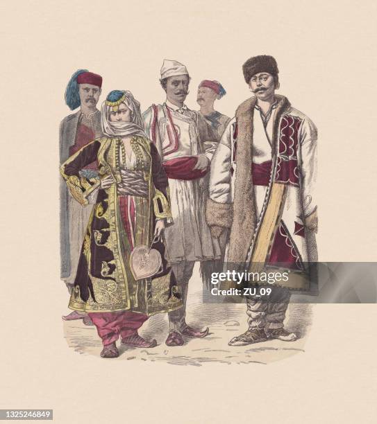 stockillustraties, clipart, cartoons en iconen met 19th century, turkish costumes, hand-colored wood engraving, published ca. 1880 - verkleden