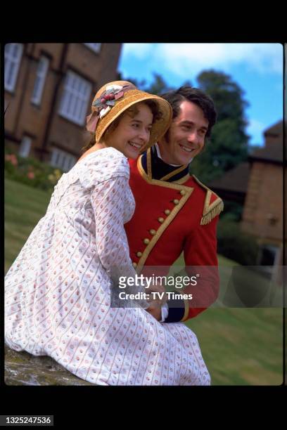 Actors Julia Sawalha and Adrian Lukis in character as Lydia Bennet and George Wickham in period drama Pride And Prejudice, circa 1995.