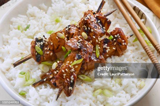 bbq pineapple chicken skewers - teriyaki stock pictures, royalty-free photos & images