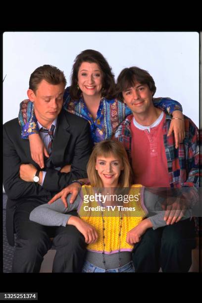 Martin Clunes, Caroline Quentin, Neil Morrisey and Leslie Ash in character as Gary, Dorothy, Tony and Deborah in sitcom Men Behaving Badly, circa...