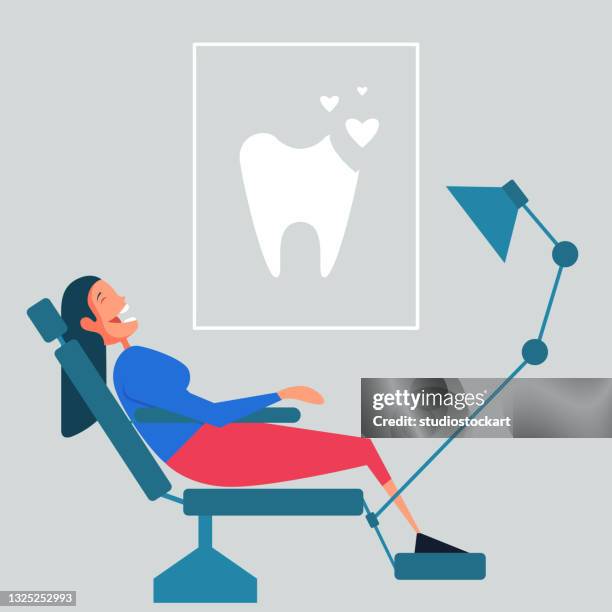 frau sitzt im zahnarztstuhl - dentist phobia stock-grafiken, -clipart, -cartoons und -symbole