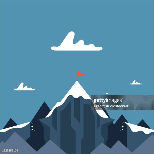 flag on mountain top. - mountain peak with flag stock illustrations