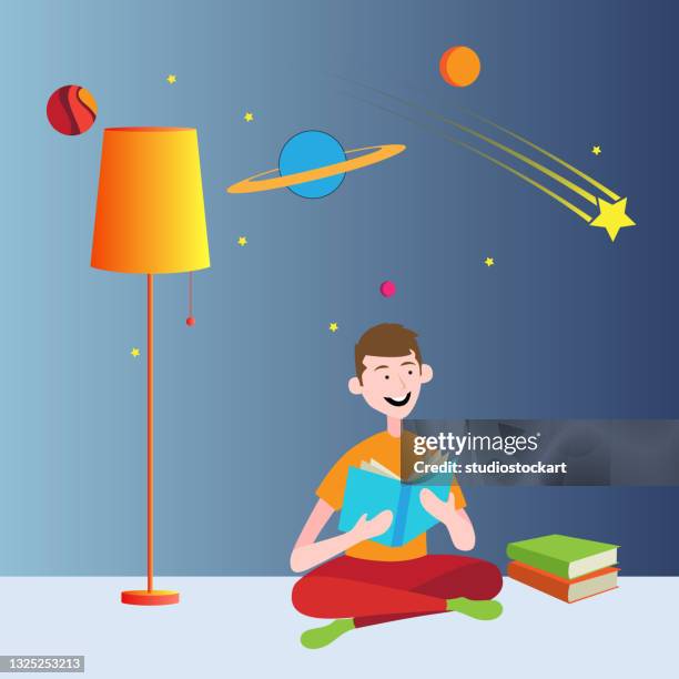 boy reading textbook - elementary school library stock illustrations