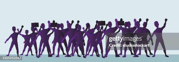 silhouette group of people raised fist and protest signs - riot silhouette stock illustrations