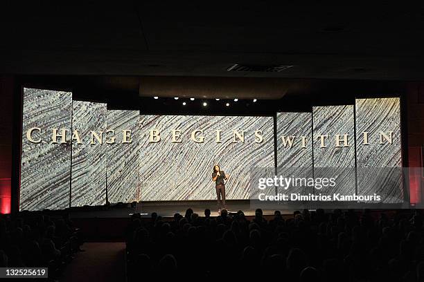 Actor/comedian Russell Brand speaks during the 2nd Annual ""Change Begins Within"" benefit celebration presented by the David Lynch Foundation at The...