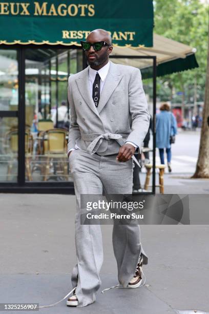 Virgil Abloh is seen strolling in Saint Germain on June 24, 2021 in Paris, France.